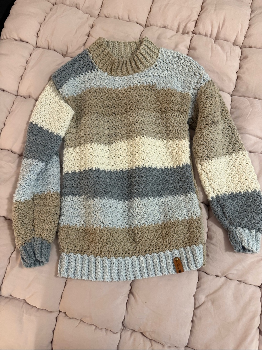 Kids Striped Chunky Knit Sweater - Light Blue, Cream & Tan